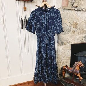 Elena Baldi Italian Silk Blend Navy Blue Floral Puff Sleeve Midi Dress